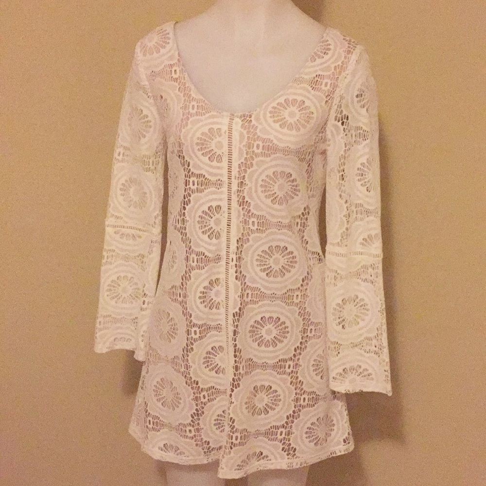 Speechless Juniors White Lace Dress, Beige Lining